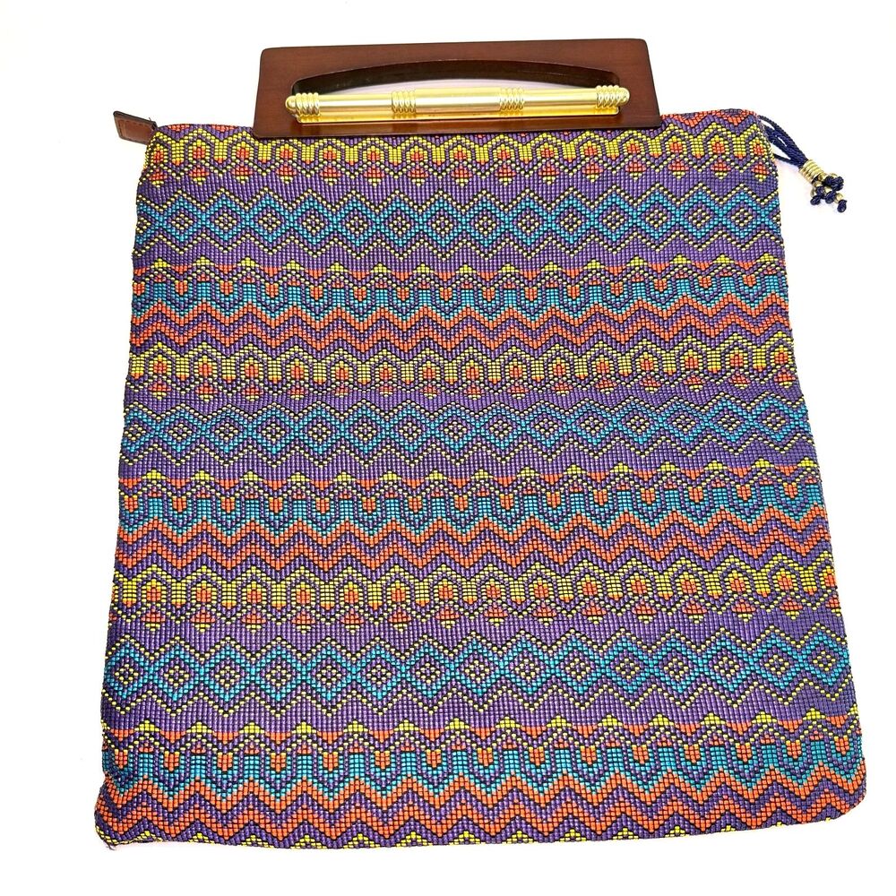 Duro Olowu Rare Beaded Geometric Clutch Wooden Handle‎ Luxury Designer Bag